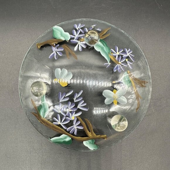 Hand Painted Glass Plate Bees Purple Flowers Decorative Floral Botanical Footed - Picture 4 of 9